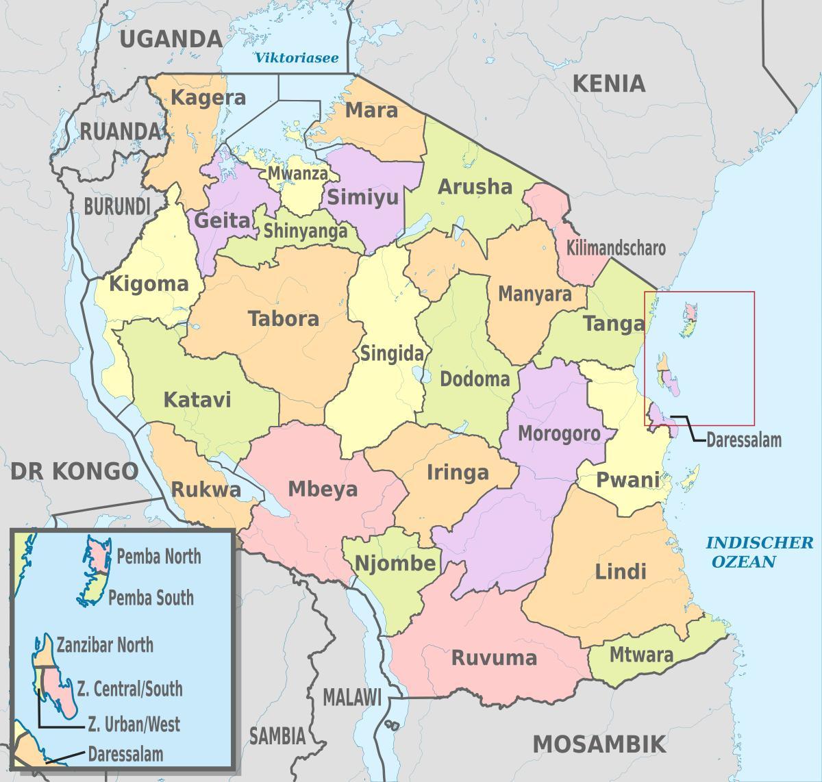 картата на Танзания с посочване на региони и райони