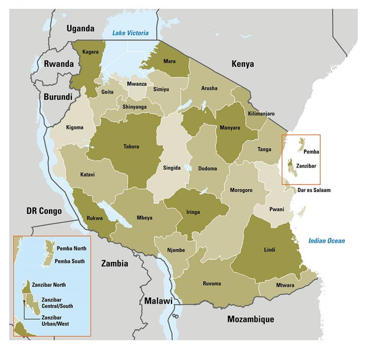 картата на Танзания показва региони