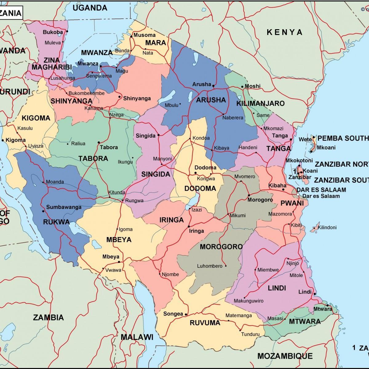 Картата на Танзания политически