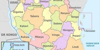 Картата на Танзания с посочване на региони и райони
