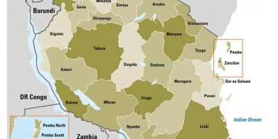 Картата на Танзания показва региони